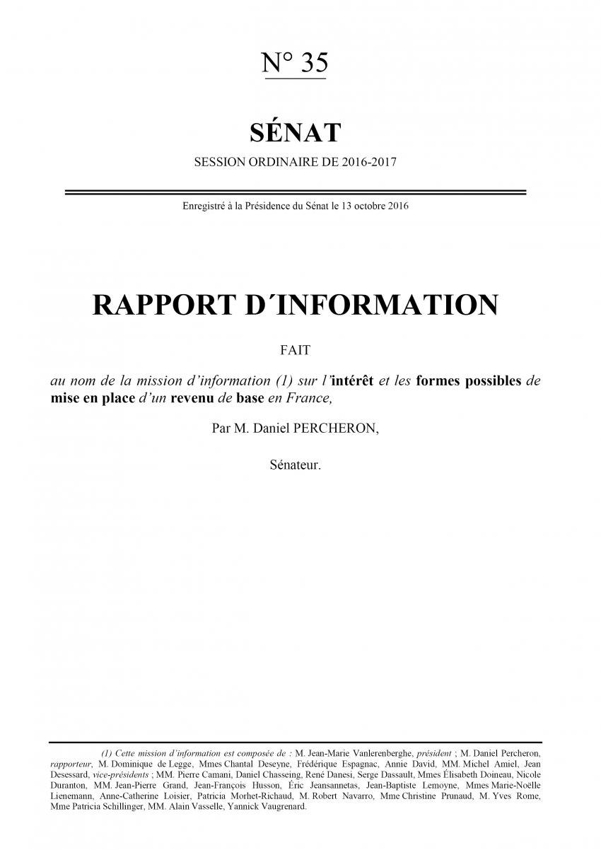 Lecture : rapport Percheron sur « L’intérêt et les formes possibles de mise en place d’un revenu de base en France »